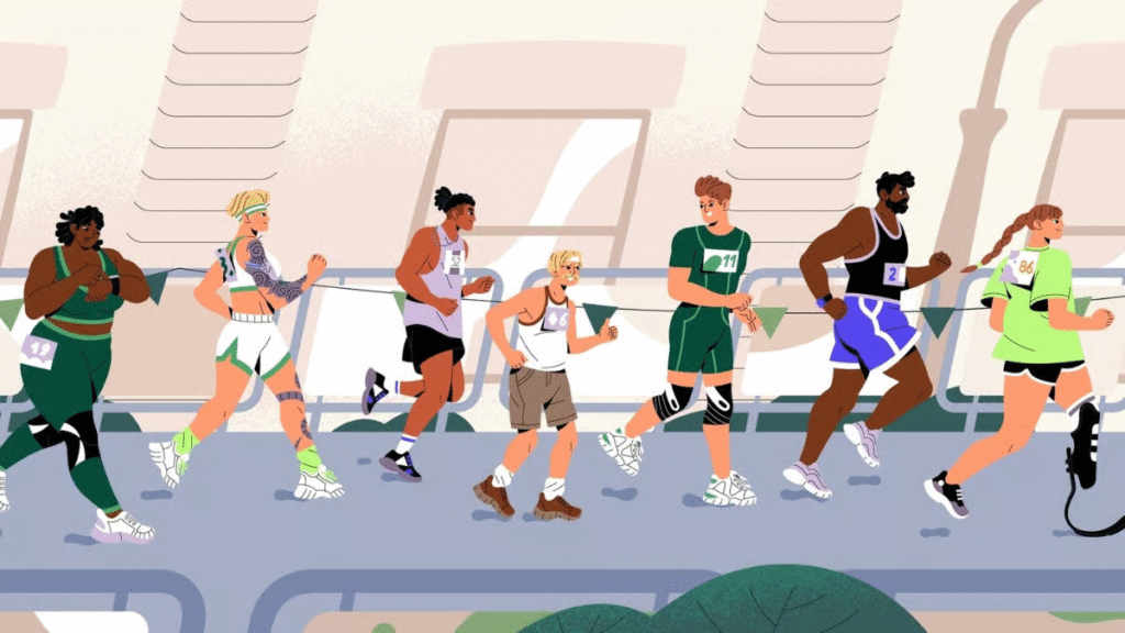 Ilustración de personas con diferentes capacidades corriendo una carrera